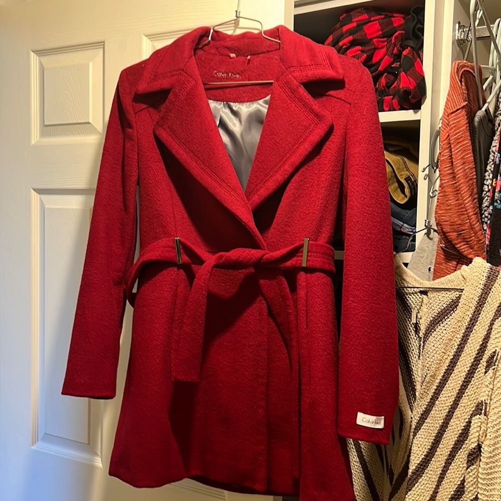 Calvin Klein red belted dress coat size 6